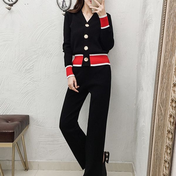 

spring women knitted cardigans 2 pieces sets contrast color single breasted v-neck sweater + wide leg pants suits 210416, White