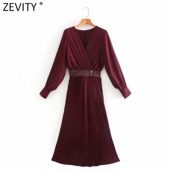 

zevity spring women elegant cross v neck solid color casual slim pleated midi dress female waist pu buttons vestidos ds4952 210419, Black;gray
