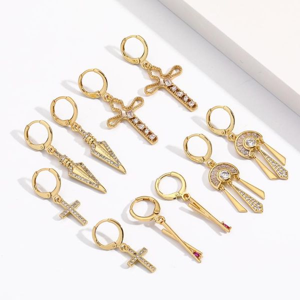 

hoop & huggie cross earrings 2021 trendy for women gold cute ear rings female korean fashion copper pave cz, Golden;silver