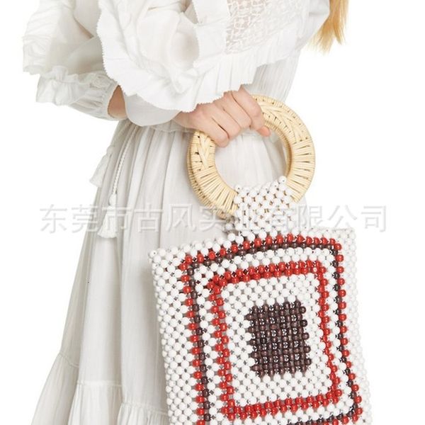 

handbag antique niche design holiday handmade beaded bag acrylic round bead woven tote, Black;red