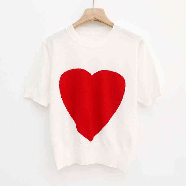 

2021 summer new middle red big love pattern thin style simple and versatile short sleeved sweater t-shirt women's wear, Black