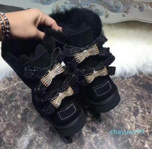 2021 Austrália Mulher Inverno Clássico Laço de Strass Botas de Neve Genuíno Couro de Vaca Botas de Neve Femininas Sapatos de Alta Qualidade US4-13