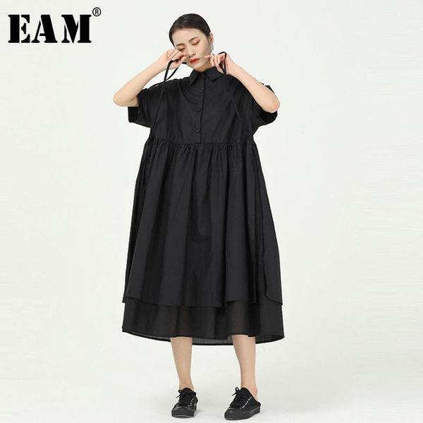

[eam] women black irregular pleated big size dress lapel short sleeve loose fit fashion tide spring summer 2021 1w101 casual dresses, Black;gray