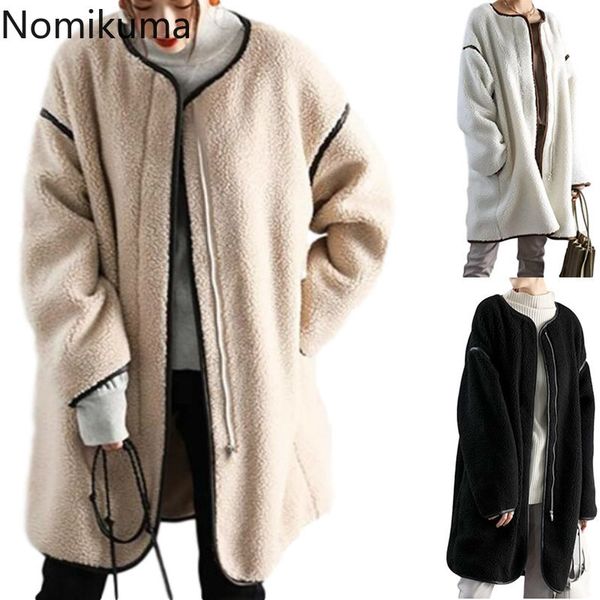 

nomikuma arrival warm thick jackets women contrast color o neck long sleeve casual loose coat female ropa mujer 3d981 210514, Black;brown