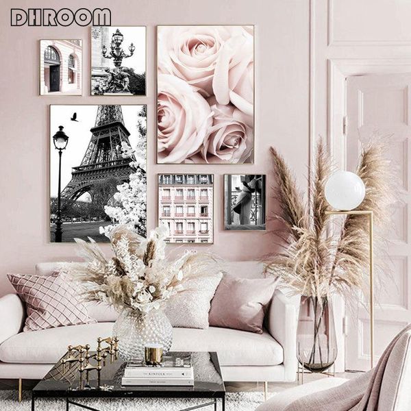 

paintings romantic parisian posters pink roses love canvas painting paris street art print black white pography wall picture home decor