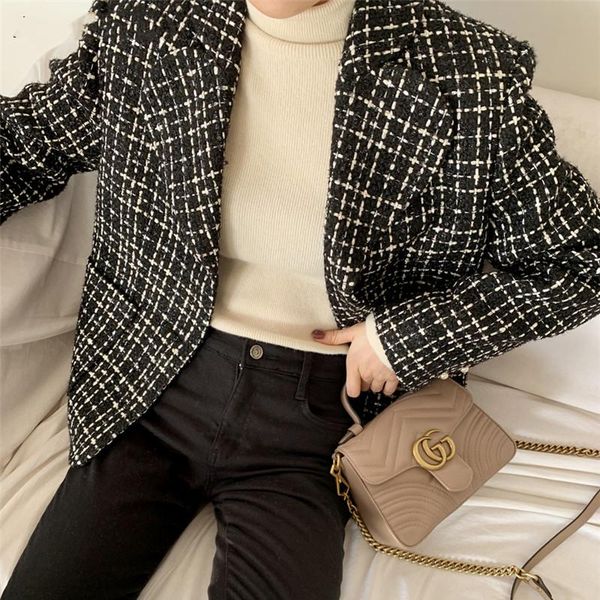 

women's jackets 2021 autumn winter vintage plaid thick coat women elegant long sleeve ladies single-breasted female outwear short, Black;brown