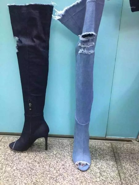 

boots blue denim women est peep toe super high thin heels over the knee cutouts fashion jeans autumn1, Black