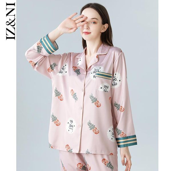 

women's sleepwear female trousers of the spring and autumn period long sleeve sweet pineapple ice silk printing loose pajamas, Black;red