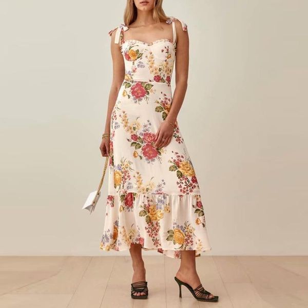 

casual dresses back elastic summer vintage blue floral print dress woman spaghetti strap tie chiffon elegant ruffle midi, Black;gray