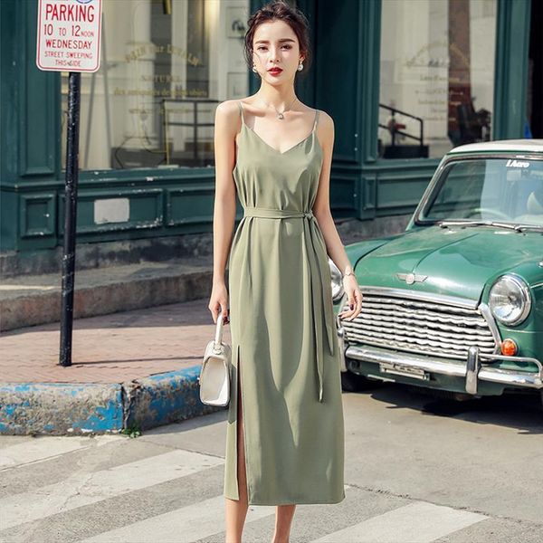 

xs xl bandage belt women tank dress fashion long solid v neck split chiffon summer beach straight vestidos plus, White