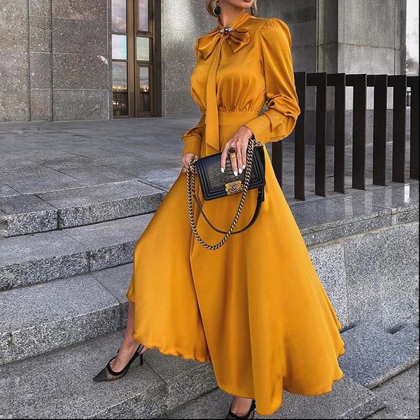 

elegant dresses women classy outfits womens fashion autumn long sleeve satin yellow dress chic maxi good quality, Black;gray