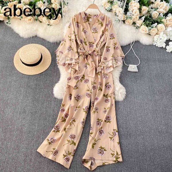 

women boho floral jumpsuits korean slim v neck flare sleeve bow sashes rompers spring print wide leg long 210512, Black;white