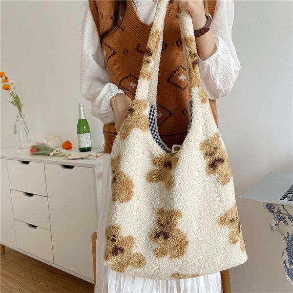 

evening bags women lamb like fabric shoulder tote bag canvas fluffy fur bear handbags large capacity soft shopping girls cute schoolbag