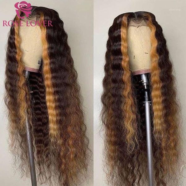 

inch highlight human hair wig 13x6 lace front honey blonde loose wave ombre curly soft remy for black women wigs1, Black;brown