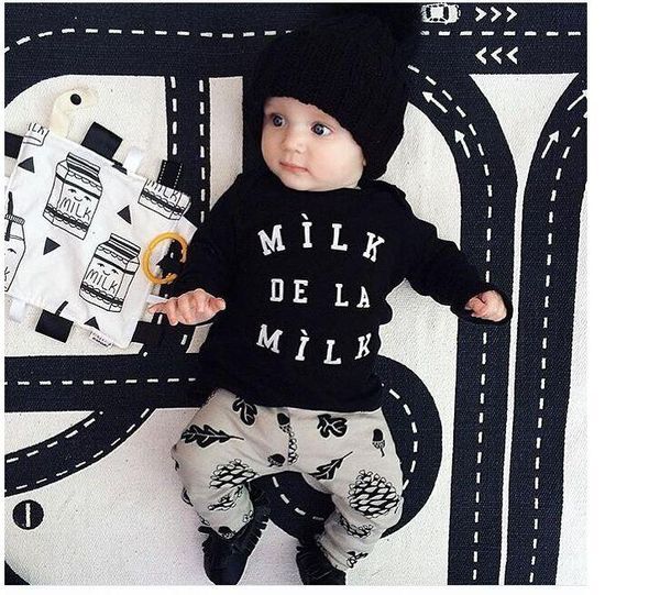 

clothing sets baby boys girls milk spring sleeved t-shirt and pants 2pcs suit dela printed for 3-24months kids, White