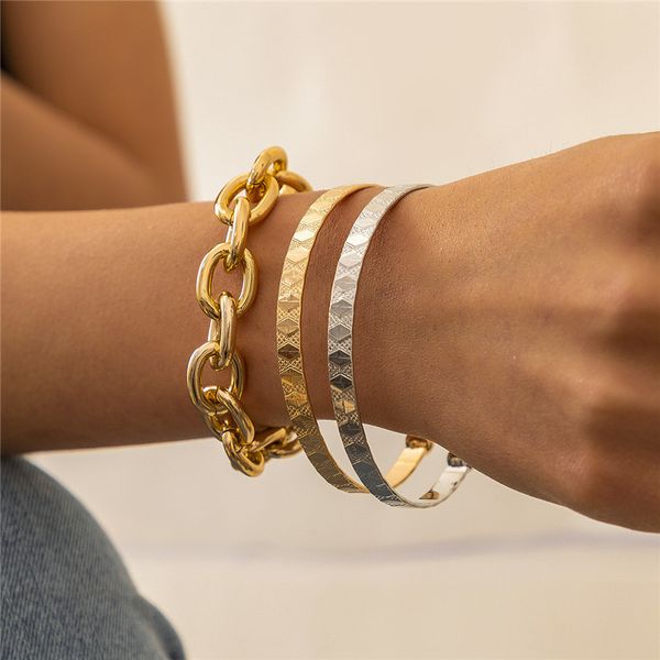 

open c-shaped rhombus gold bangle retro hollow out thick cross chain women multi layer punk party hand jewelry fashion accessories wholesale, Black