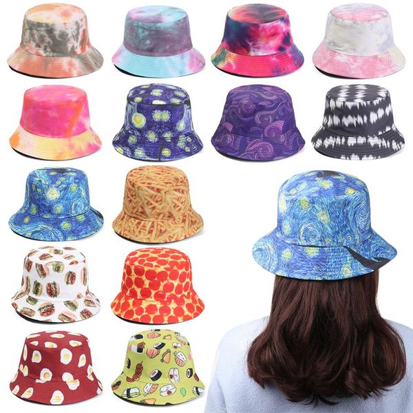 

wide brim hats double-sided bucket hat fashion starry sky hamburg fisherman cap for women men foldable cotton outdoor sunscreen, Blue;gray