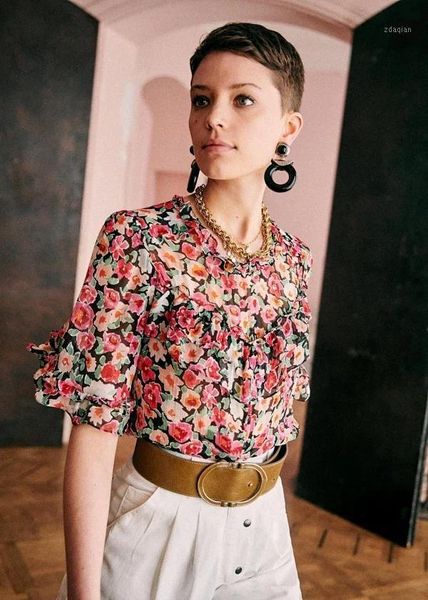 

women's blouses & shirts 2021 summer trendy design french sweet flowers pleated ruffled collar lace up short sleeve shirt woman casual, White