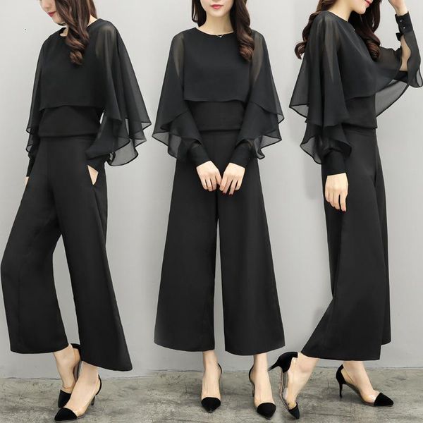 

two piece dress 2 blouses and sets spring summer elastic high waist black chiffon wide leg pants office lady pantsuits plus size, White