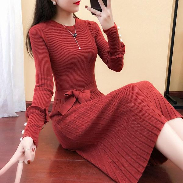 

spring autumn 2021 women's knitted sweater dress lady round neck long sleeve solid color casual vestido feminino p407 dresses, Black;gray