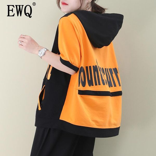 

women's hoodies & sweatshirts [ewq] 2021 spring autumn pattern hooded collar short sleeve letter print pullovers streetwear sweatshirt, Black