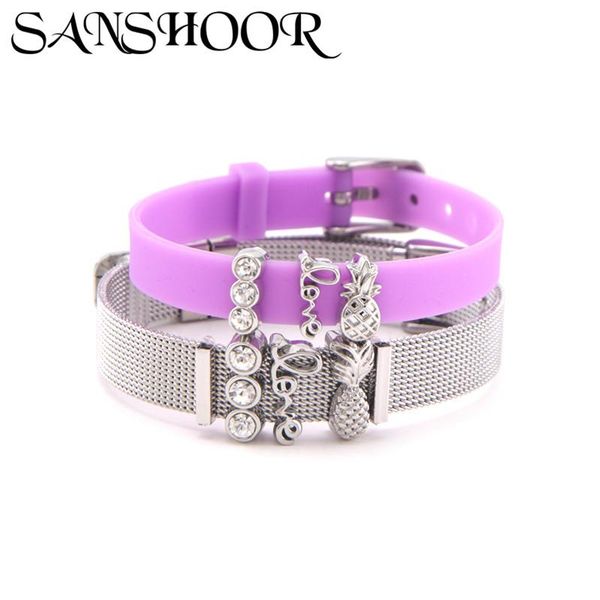 

charm bracelets sanshoor jewelry stainless steel rubber mesh bracelet set with pineapple & geo bar love slide charms for mother kids teenage, Golden;silver
