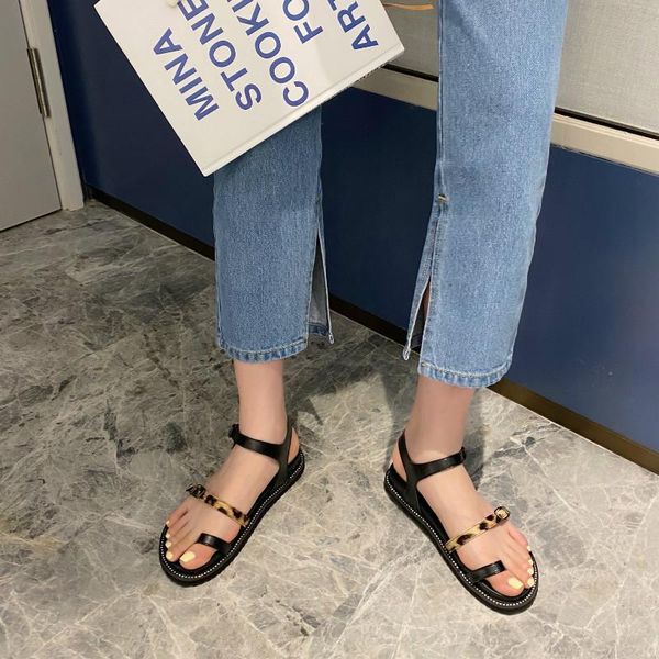 

boussac open toe leopard women sandals black punk rivet flat buckle strap summer shoes swc1004