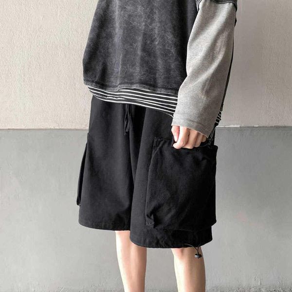 

men's pants shorts summer thin korean fashion college style loose functional overalls casual drawstring capris, Black