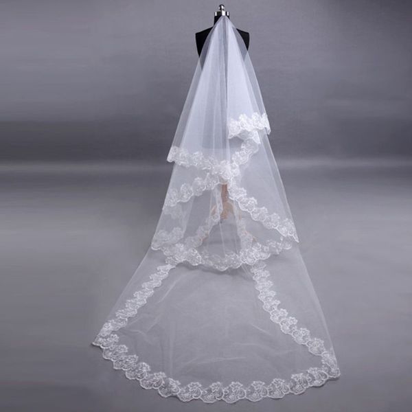 

1 layer women bridal white ultra long wedding veil wide embroidered hexagonal floral applique edge marriage solid without comb, Black