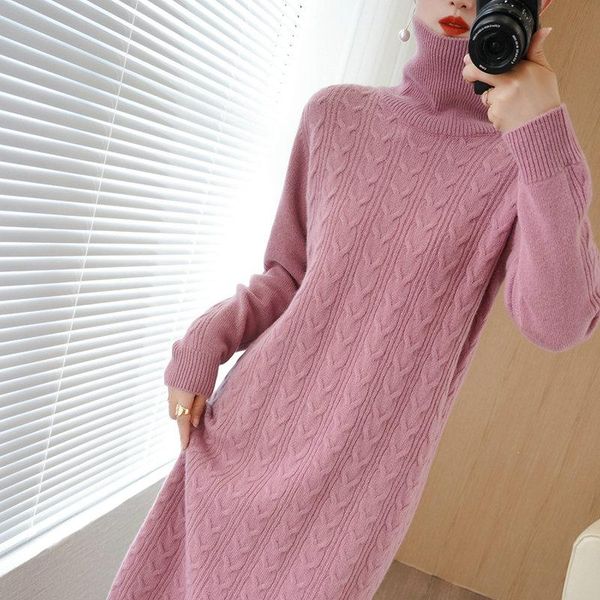 

casual dresses 100% cashmere and wool dress autumnl/winter 2021 women's high neck pullover skirt fashion twist long knitted sweater, Black;gray