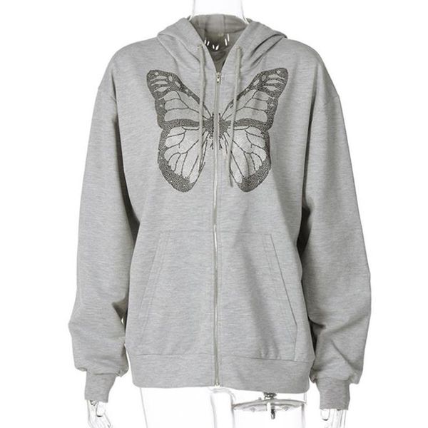 

women's jackets 2021 fashion ladies butterfly diamonds hoodie ourwear girls autumn solid long sleeve casual zipper jacket for vacation, Black;brown