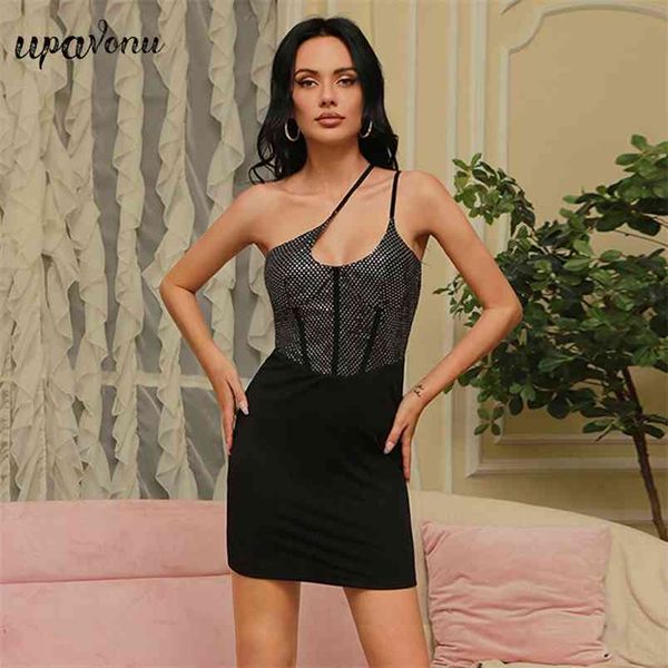 

summer women's one shoulder strap bodycon dress sleeveless metallic halter club party vestidos 210524, Black;gray