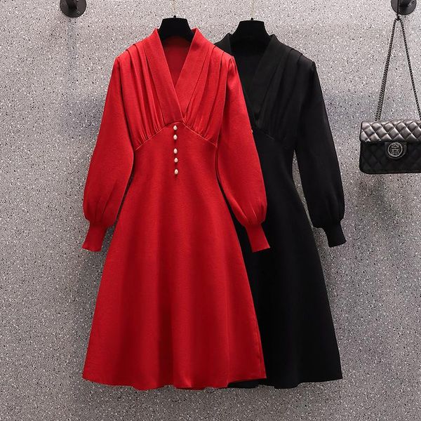 

casual dresses fashion v neck lantern sleeve knit dress autumn winter 2021 design korean high waist sweater midi plus size jumper m241, Black;gray