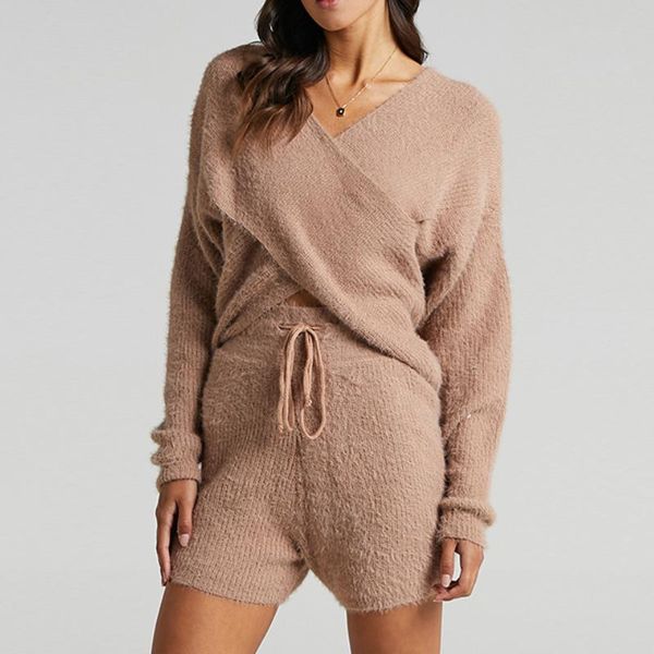 

women's tracksuits brangdy autumn and winter 2021 fashion temperament suit cross loose knit drawstring shorts sweater two-piece set, Gray