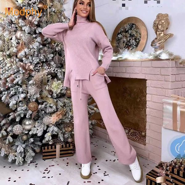 

knitted drape wide-leg pant suit two piece sets winter thick warm women turtleneck sweater tracksuits long straight pants female 210527, White