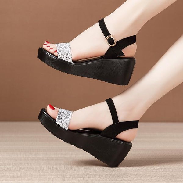 

women wedge heel sandals female summer of 2021 the sponge thick waterproof machine sequins joker fashion dress shoes, Black