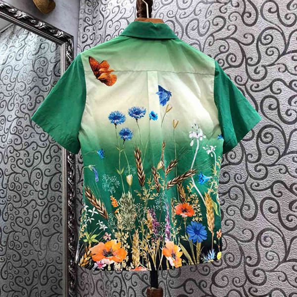 

shirts blouses blouses seqinyy 100% cotton short shirt spring summer fashion design feminine runway green printing flowers top, White