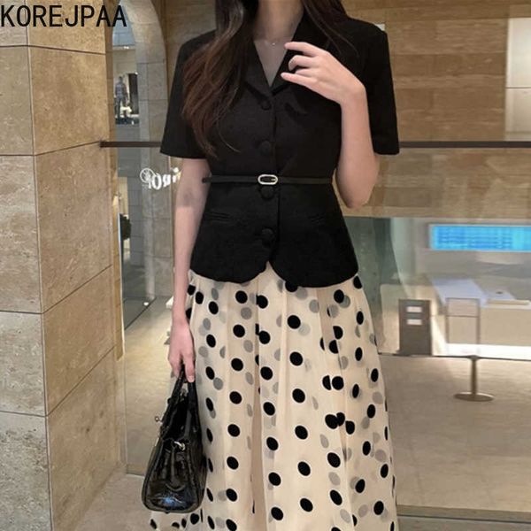 

korejpaa women sets summer korean chic ladies niche lapel cardigan suit short jacket high waist puffy mesh polka dot skirt 210526, White