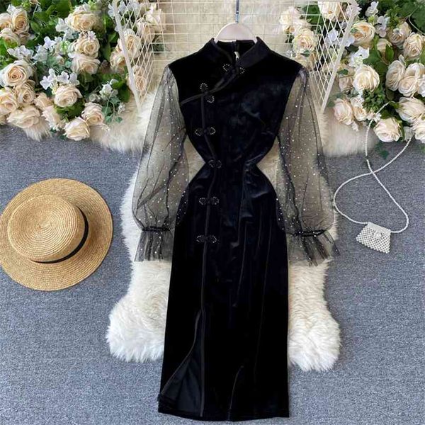 Lady Fashion Retro Velvet Cheongsam Улучшение платья Женщины Осень и зимняя сетка с длинным рукавом Элегантные Vestidos P879 210527