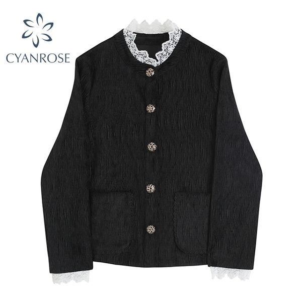 

black corduroy coats and jackets women spring retro korean long sleeve chic outwear female cardigan lace spliced 210515, Black;brown