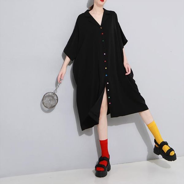 

[eam] colorful button long women dresses big size lapel three quarter sleeve loose fashion spring summer 1t978, Black;gray