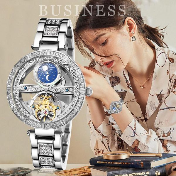 

wristwatches brand senors women automatic mechanical watches stainless steel fashion hollow self-winding watch ladies luxury wrist, Slivery;brown