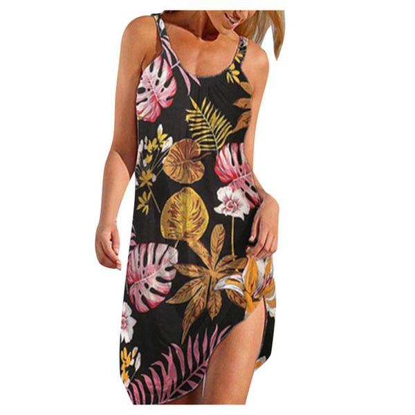 

blue leaf women s long sleeve round neck tie new style 3d printing loose summer beach underwater animal ocs sleeveless casual dress, Black;gray
