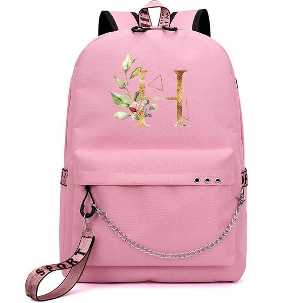 

backpack pink 26 letters women chain canvas student bookbag for girls school bags usb charging port laptravel bag