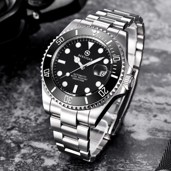 

wristwatches bersigar 2021 men mechanical wristwatch luxury ceramic bezel automatic watch sapphire glass for relogio masculino, Slivery;brown