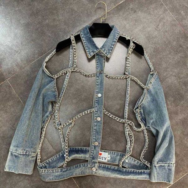 

women's jackets fabpop 2021 long sleeve chain hollow out turn down collar light blue denim jacket women coat streetwear gb447, Black;brown