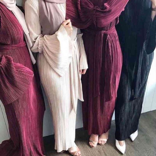 

wepbel plus size pleated abaya womens dress summer long sleeve muslim arab middle east turkish robe, Black;gray