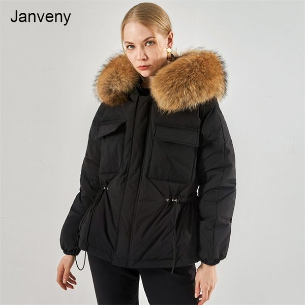 

janveny luxury big real raccoon fur hooded waterproof winter down jacket women 90% duck puffer coat female short parka 211216, Black