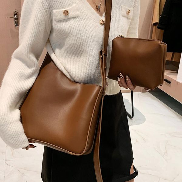 

evening bags large capacity pu leather shoulder bucket for women solid color crossbody handbag ladies 2 pes/set composite messenger bag