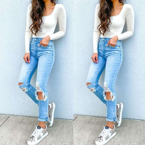 

fashion cotton elastic tear hole leggings, Blue